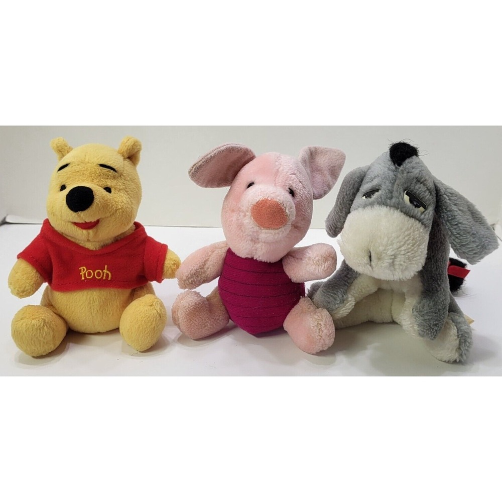 Walt Disney Winnie the Pooh Pink Piglet Gray Eeyore Plush 5" Lot of 3 Vintage